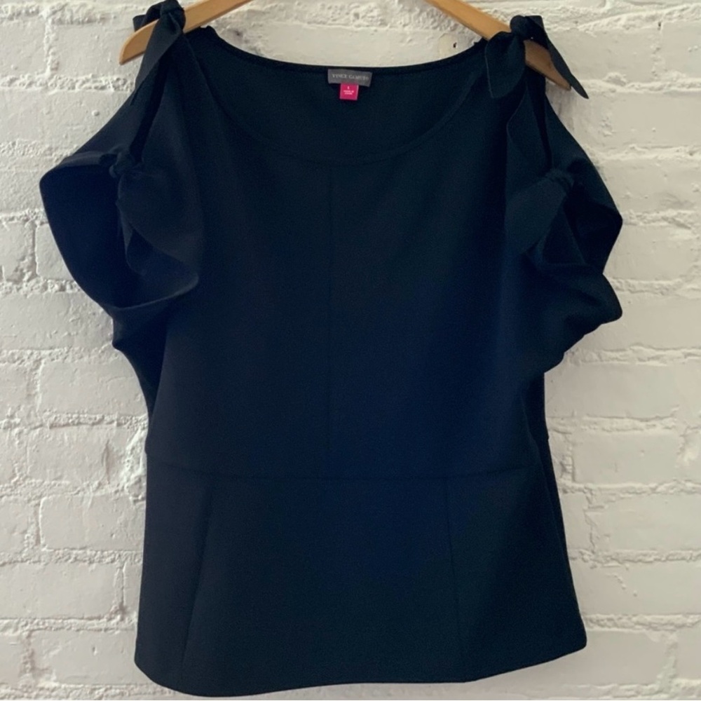 Vince Camuto Peplum Top Bow Tie Shoulder Sleeves Black Career Modern Minimalist